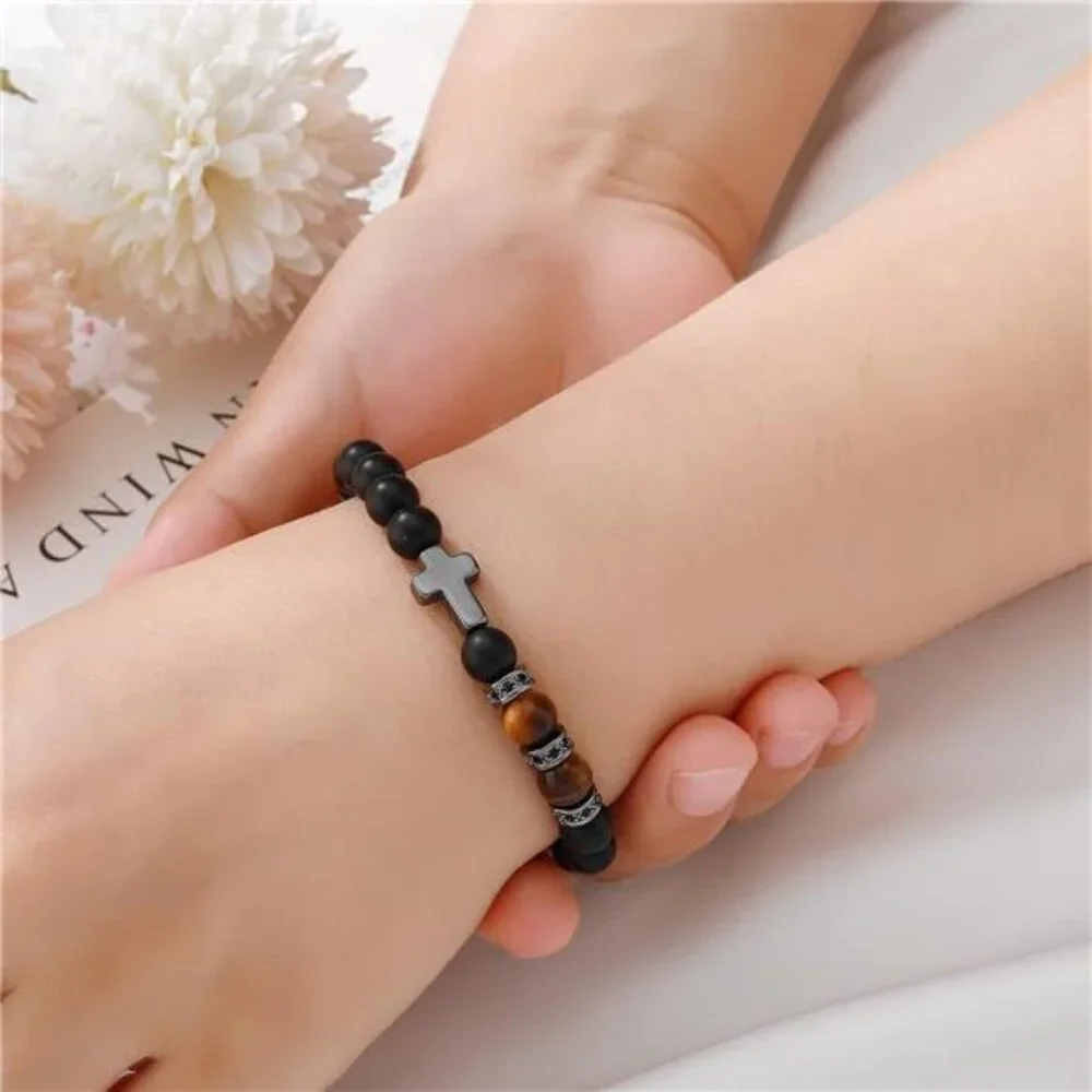 Mens Cross Bracelet Black Tiger Eye Beads Adjustable Christian Religious Gift